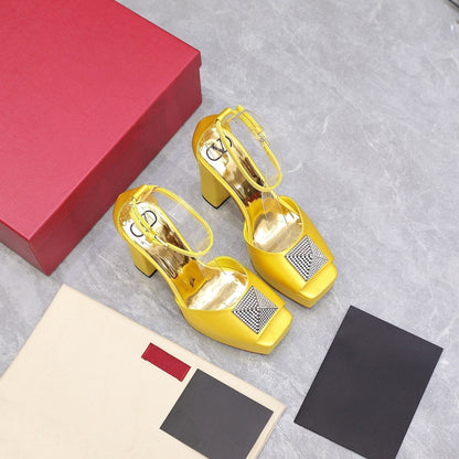Open Toe Pump With One Stud Diamond Patent Yellow Leather 130MM