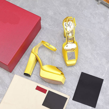 Open Toe Pump With One Stud Diamond Patent Yellow Leather 130MM