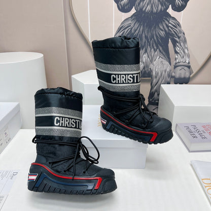 CD Platform Snow Boots Black Red Cowhide Nylon Fabric 539651