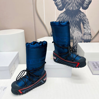 CD Platform Snow Boots Dark Blue Cowhide Nylon Fabric 539653