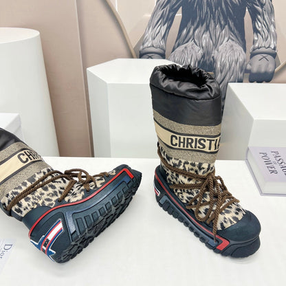 CD Platform Snow Boots Black Beige Cowhide Nylon Fabric 539655