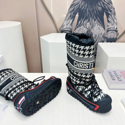 CD Platform Snow Boots Black White Cowhide Nylon Fabric 539656