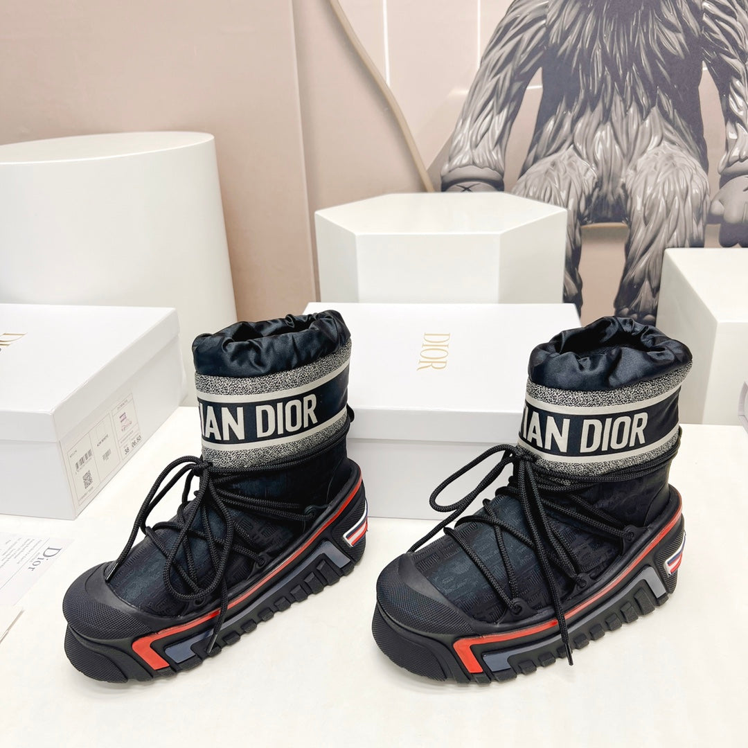 CD Snow Ankle Boots Black Red Cowhide Nylon Fabric 539658
