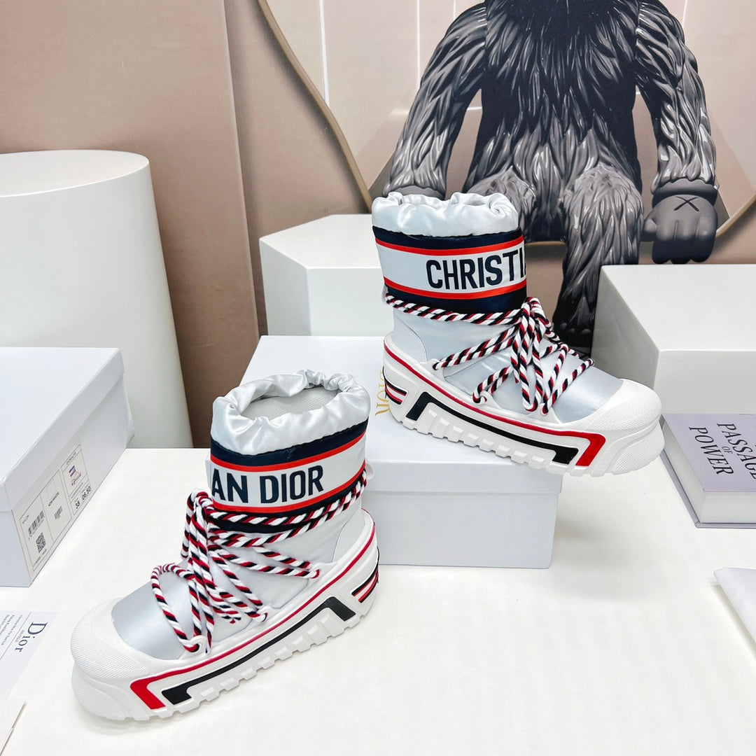 CD Snow Ankle Boots White Red Cowhide Nylon Fabric 539661