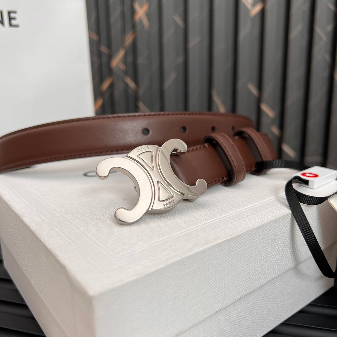 TRIOMPHE 25 MM BELT IN DARK BROWN CALFSKIN SILVER HARDWARE