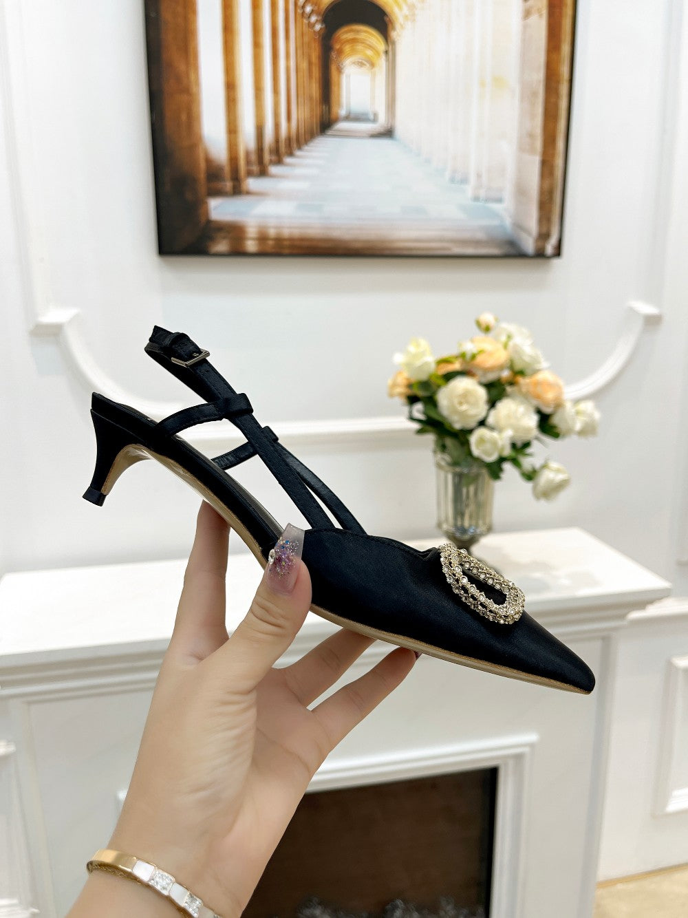 Valentino 25 White Vlogo Signature Slingback Pumps Black Silk 239504