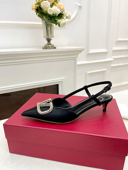 Valentino 25 White Vlogo Signature Slingback Pumps Black Silk 239504