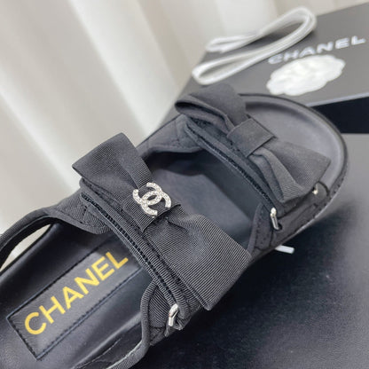 Chanel 26s Sandals Black Fabric Bow Embellishment