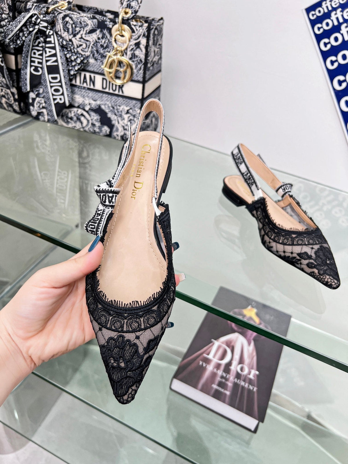 cd slingback flat transparent mesh embroidered black flower moitf