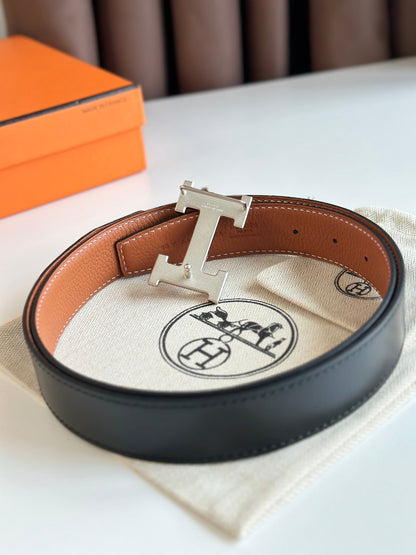 HM Silver H Buckle & Reversible 32mm Belt Brown mix Black leather 124655