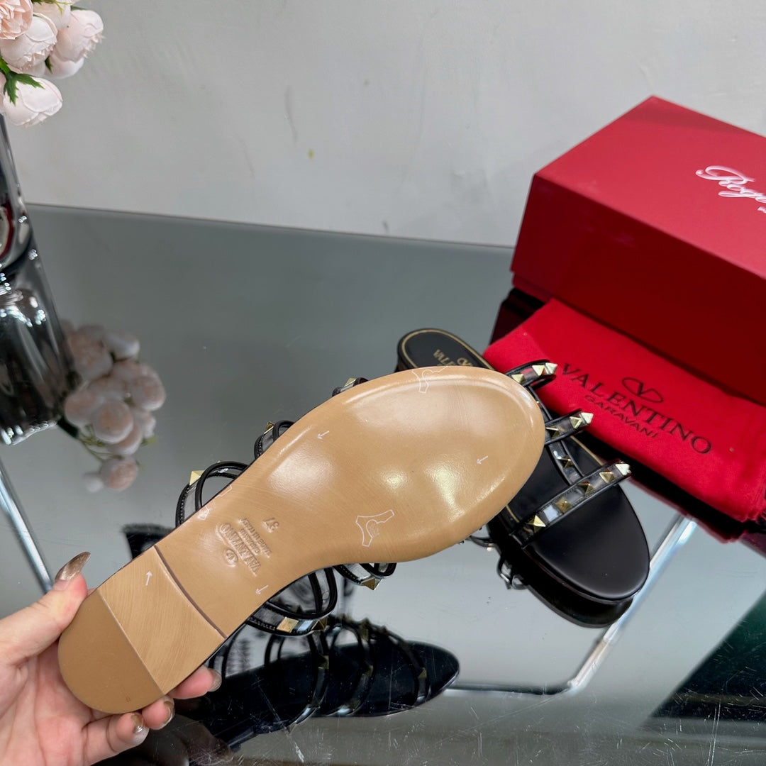 VT 25 Rockstud Flat Sandals Black PVC Sheepskin