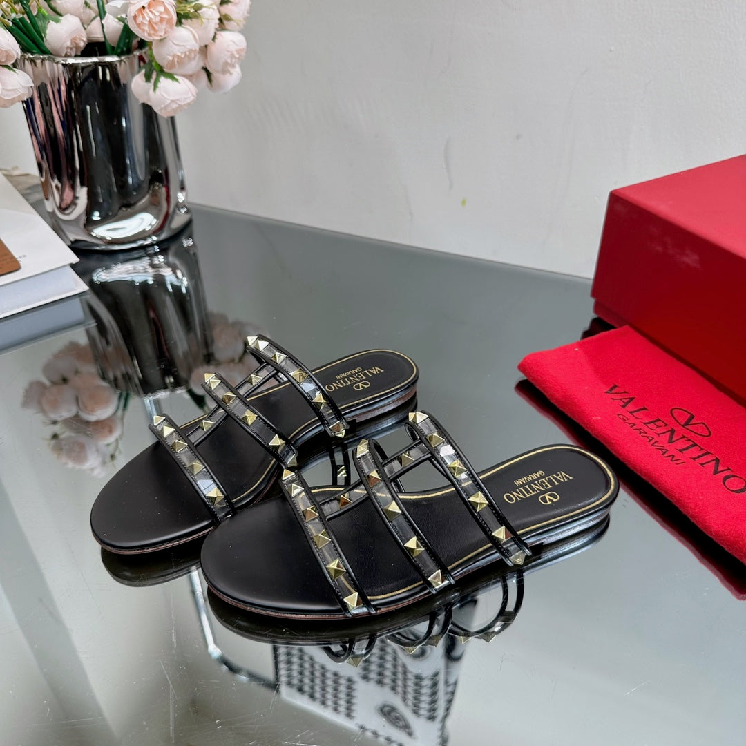VT 25 Rockstud Flat Sandals Black PVC Sheepskin
