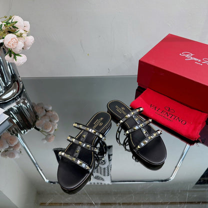VT 25 Rockstud Flat Sandals Black PVC Sheepskin