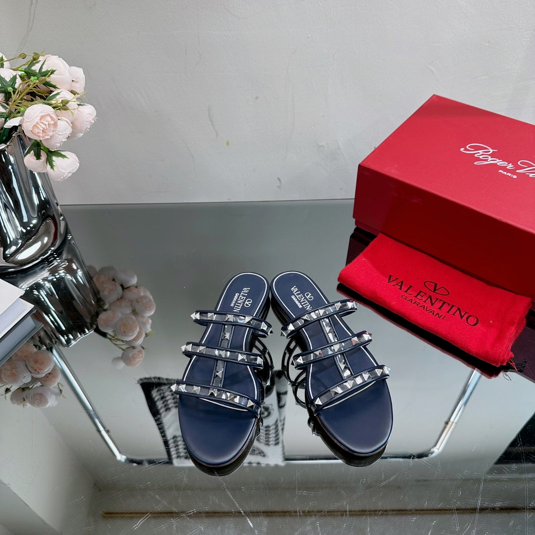 VT 25 Rockstud Flat Sandals Navy Blue PVC Sheepskin