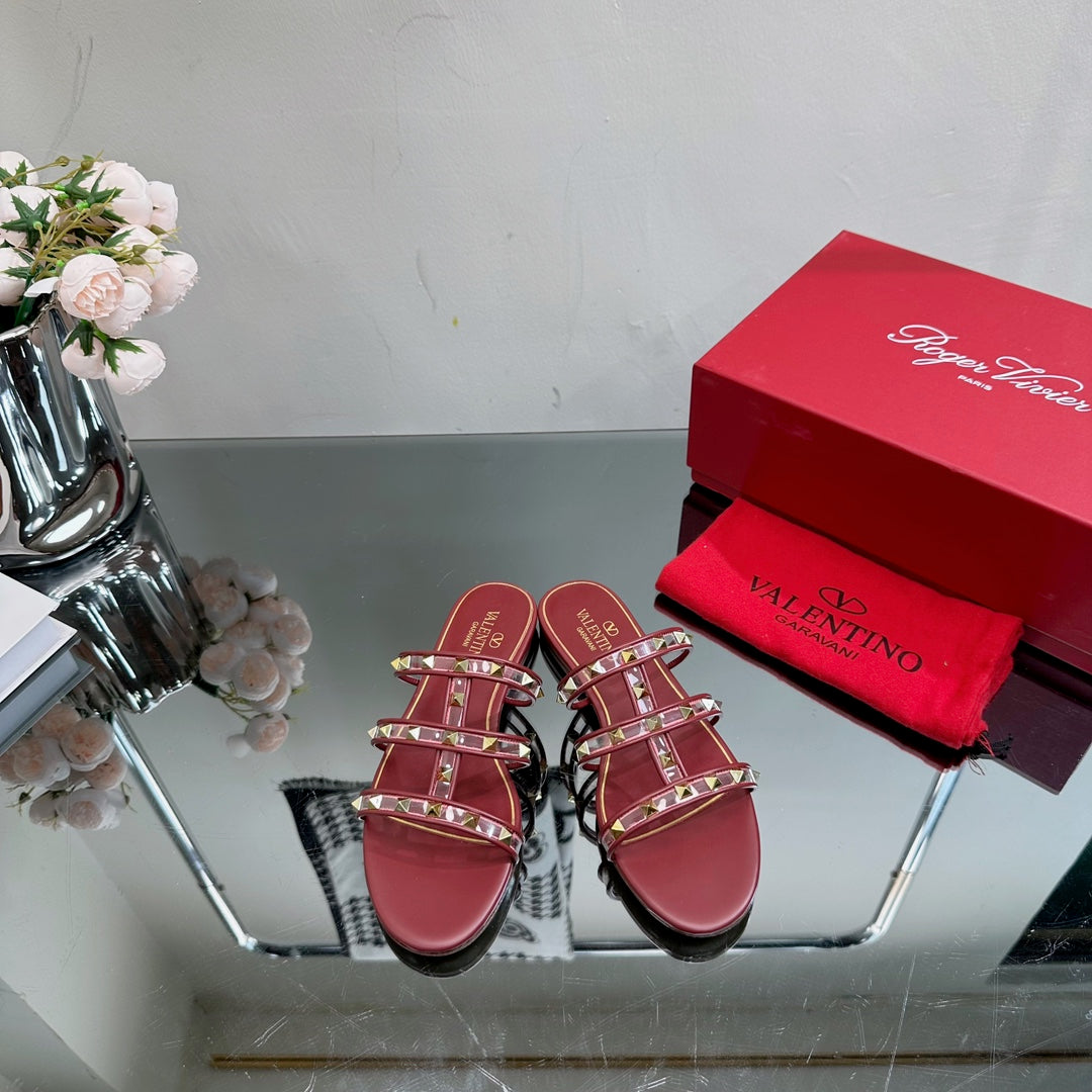 VT 25 Rockstud Flat Sandals Ruby Red PVC Sheepskin