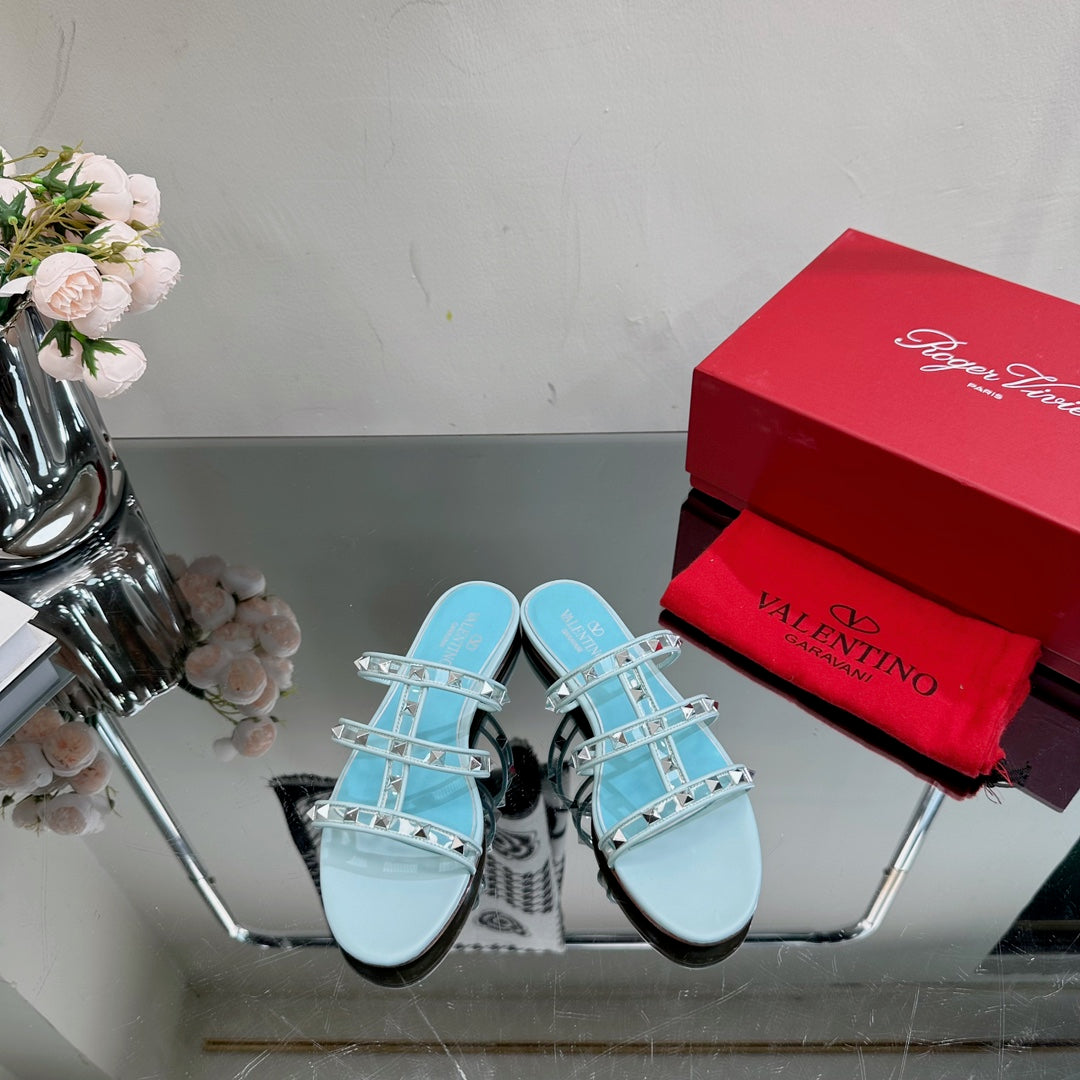 VT 25 Rockstud Flat Sandals Sky Blue PVC Sheepskin
