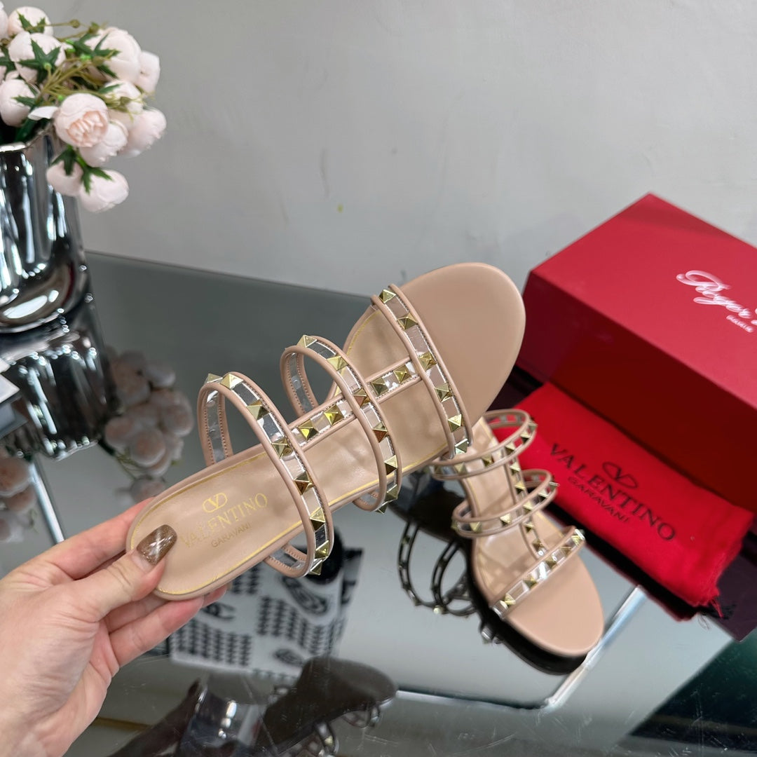 VT 25 Rockstud Sandals 65mm Beige PVC Sheepskin
