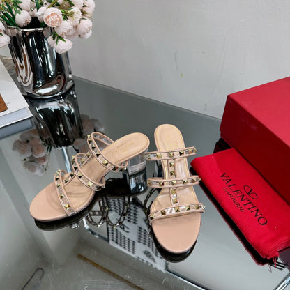 VT 25 Rockstud Sandals 65mm Beige PVC Sheepskin