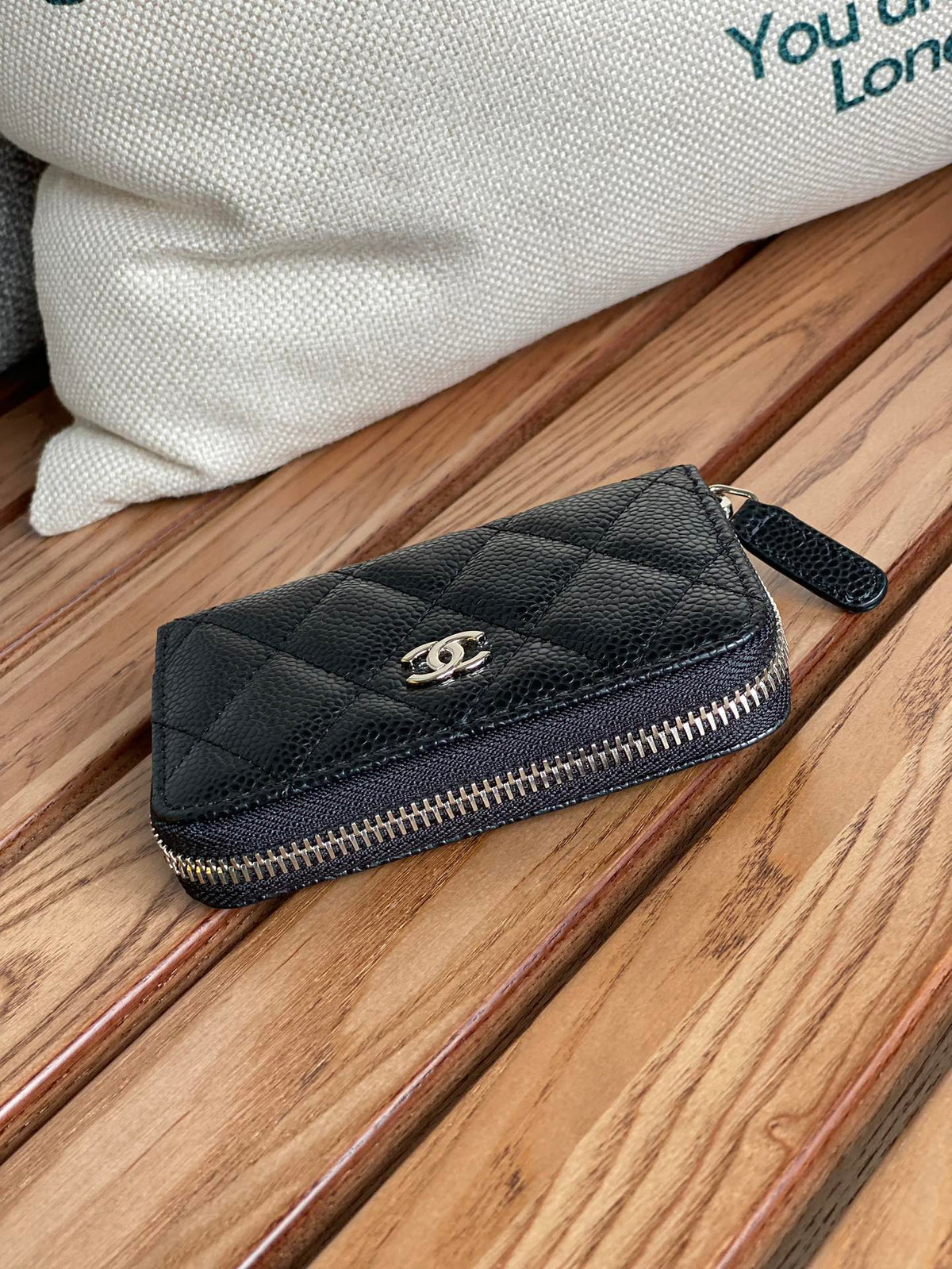 cc zipped wallet 7.5cm black caviar silver hardware