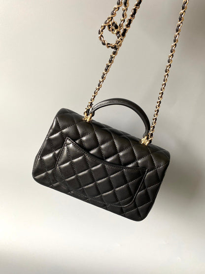 mini flap bag top handle 20cm black lambskin gold hardware