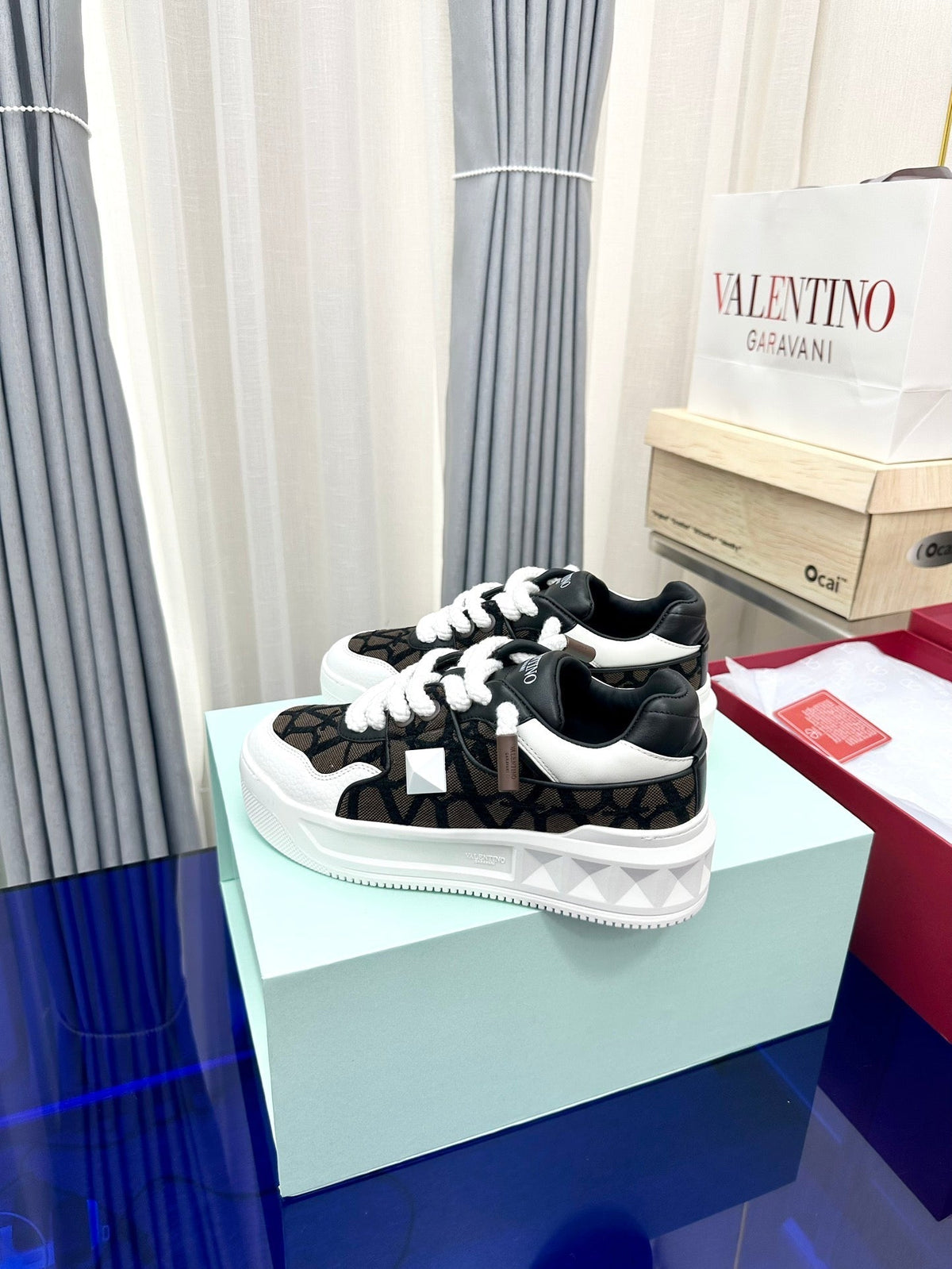 One Stud Xl Low-Top Sneaker Brown Black White Nappa Leather And Toile Iconographe Fabric