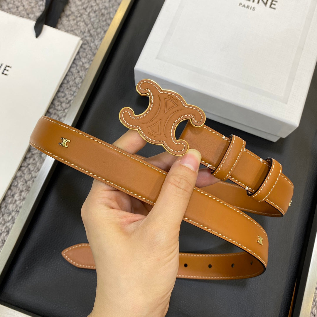 TRIOMPHE BELT 25MM IN BROWN CALFSKIN WITH LEATHER-COVERED BUCKLE AND WHITE STITCHING