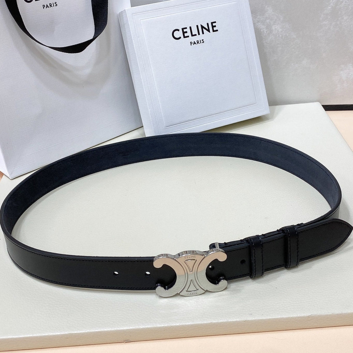 CEL Silver Buckle Belt 30mm Black Calfskin 176404