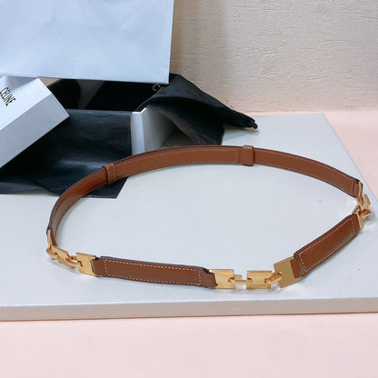 CL SMALL 18 MM SQUARE ADJUSTABLE BELT IN BRONZE BROWN LEATHER GOLD HARDWARE