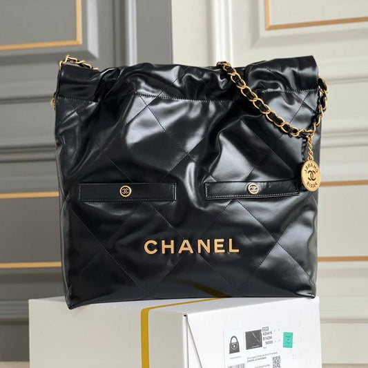 24K CC Hobo 22 Bag Black Lambskin Gold Hardware