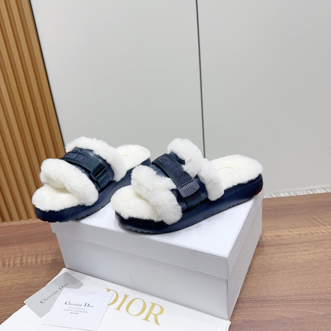 CD Dioriviera Dio(r)evolution Slide Deep Blue White Quilted Fleece Lining And Lambskin