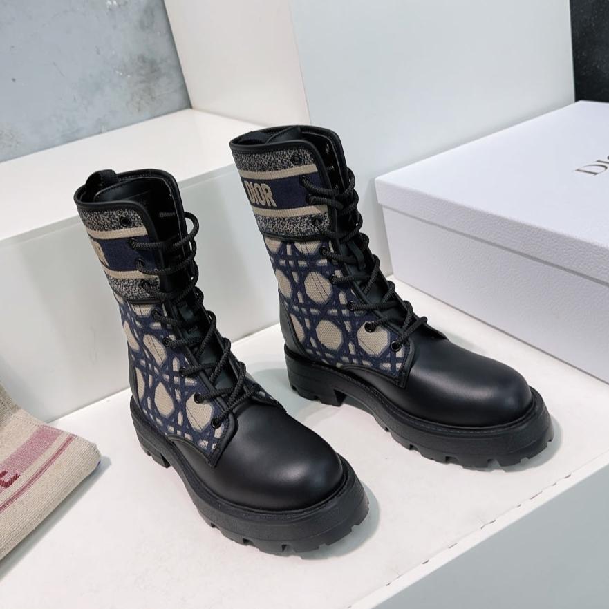 CD Major Ankle Boots Black Navy Blue Calfskin And Fabric Canvas