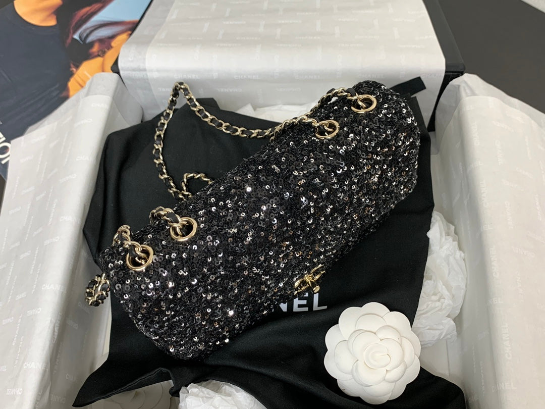 25C Flap Bag 20cm Black Polka Dot Silver Sequin Calfskin