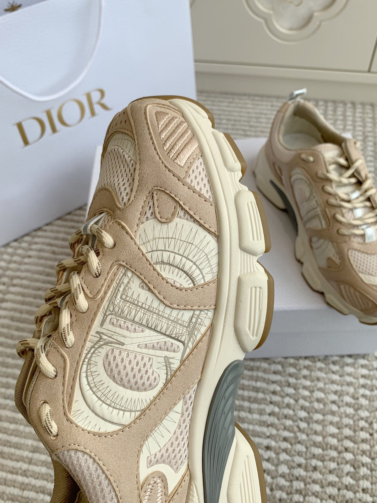 CD Chrono Sneaker In Light Brown And Ivory White Mesh Fabric And Suede 105379