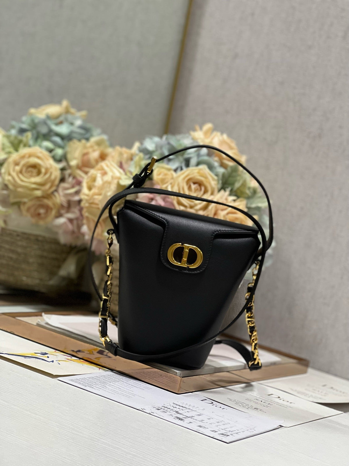 CD Montaigne Large Chain Bucket Bag Black Calfskin 336800