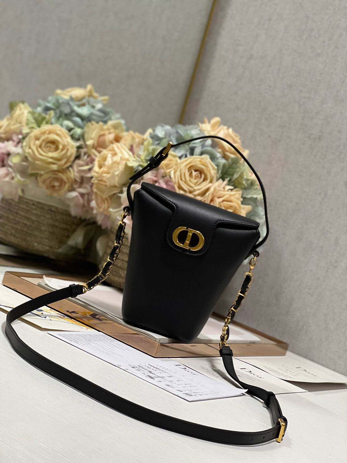CD Montaigne Large Chain Bucket Bag Black Calfskin 336800