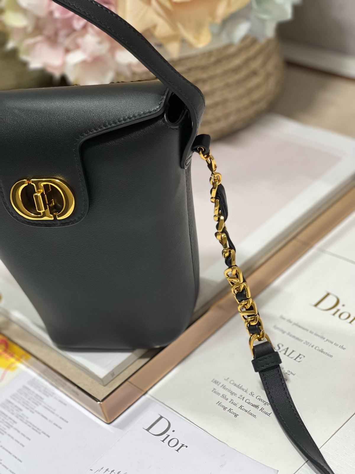 CD Montaigne Large Chain Bucket Bag Black Calfskin 336800