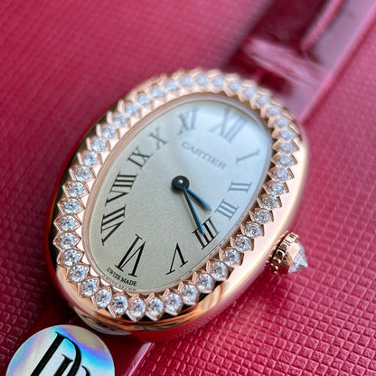 Baignoire 23mm Pink Gold Case Diamond Bezel Red Leather Strap