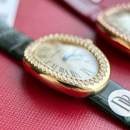 Baignoire 23mm Pink Gold Case Diamond Bezel Dark Green Leather Strap