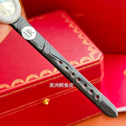 Baignoire 23mm Silver Case Diamond Bezel Black Leather Strap