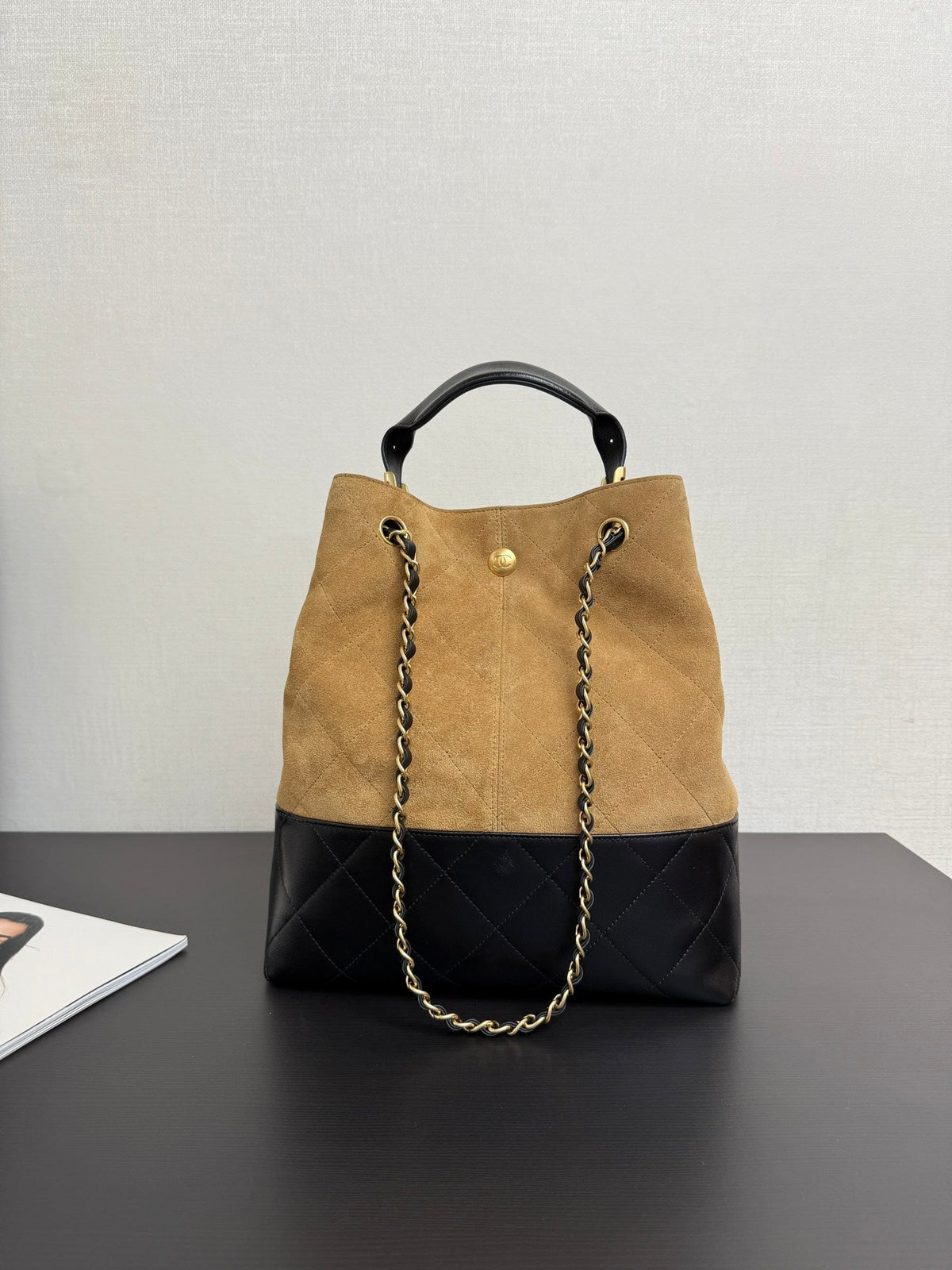 CC 25A Tote 28cm Brown Suede Black Calfskin