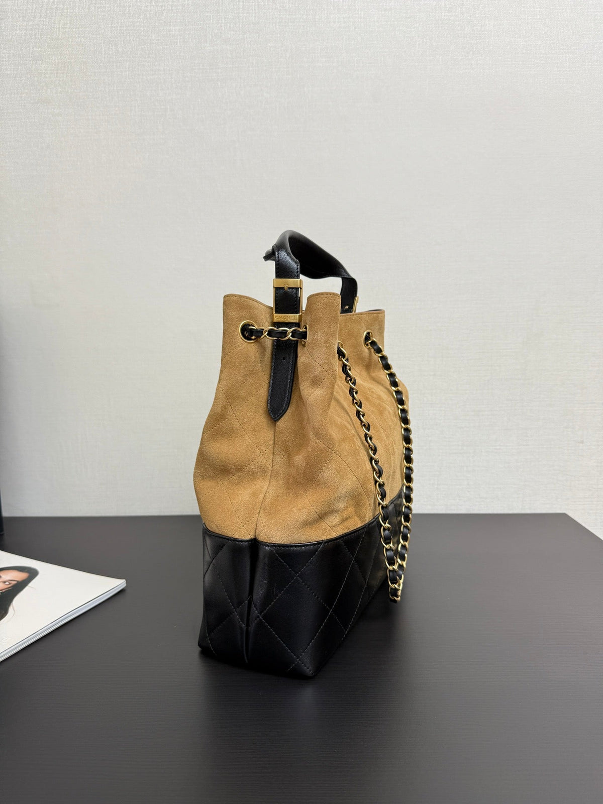 CC 25A Tote 28cm Brown Suede Black Calfskin