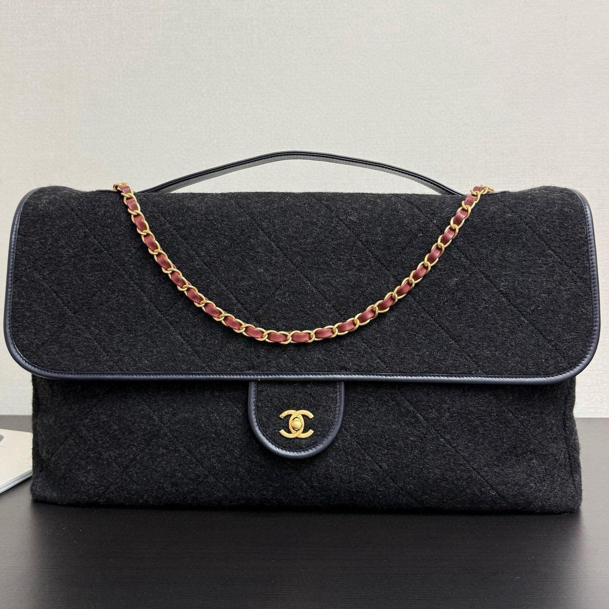Chanel 2025 Maxi Flap Bag With Top Handle 56cm Black Wool Leather