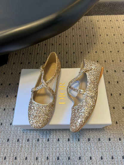CD Very Ballet Flat Gold Lambskin & Glitter