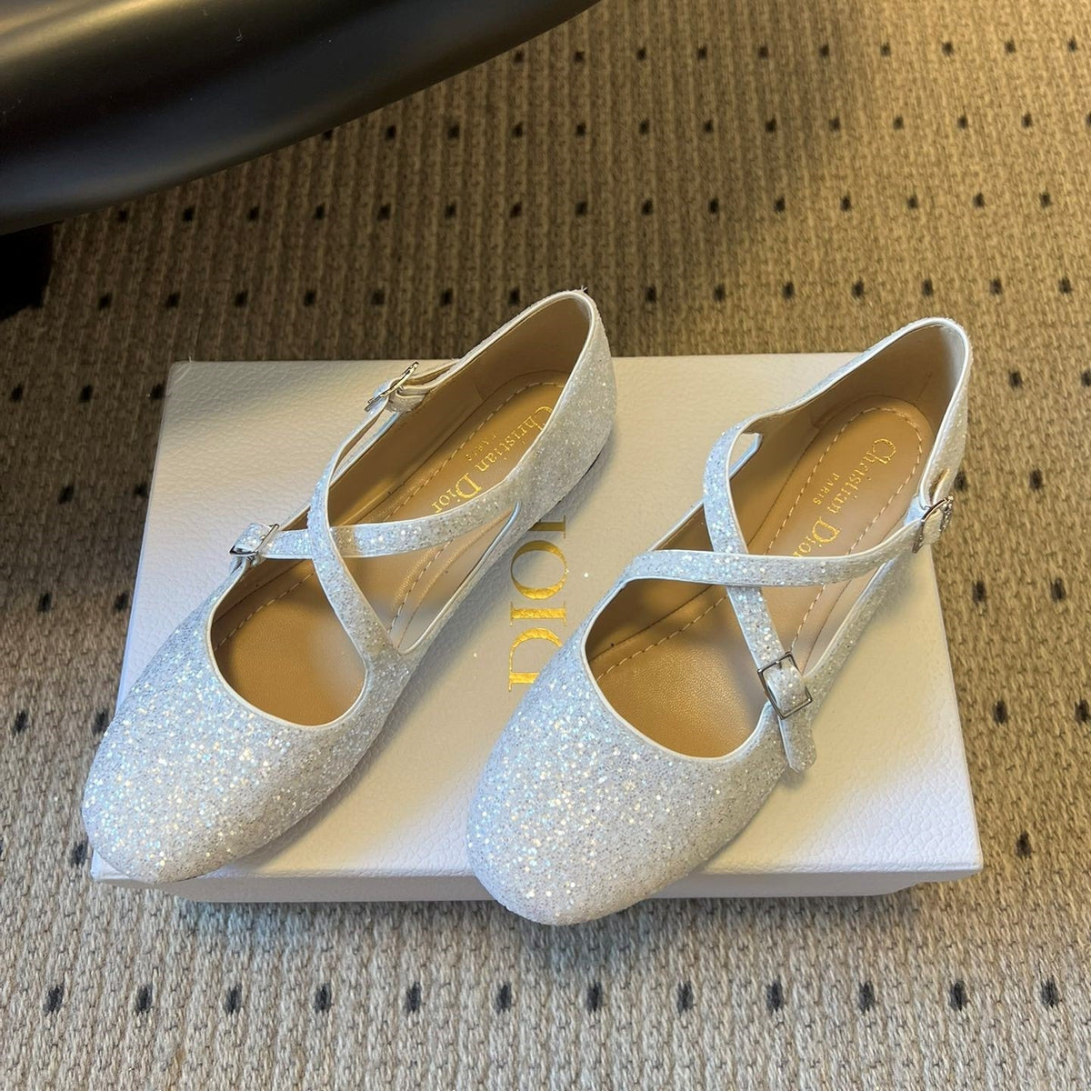 CD Very Ballet Flat White Lambskin & Glitter