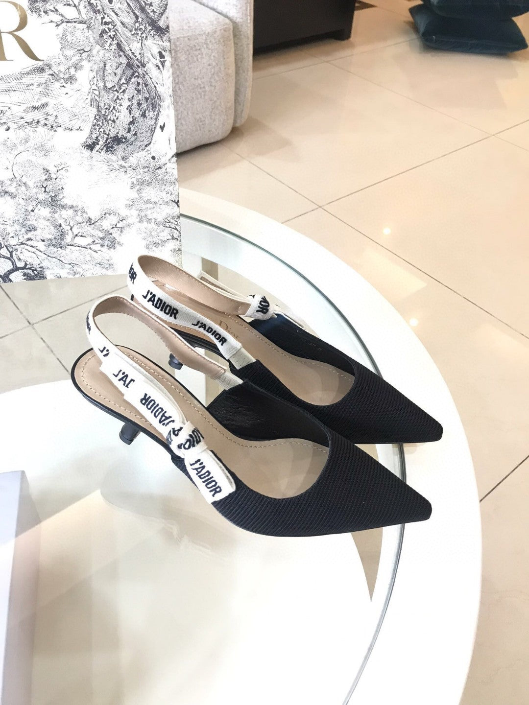 CD Slingback Pump Black Technical Fabric Beige Calfskin