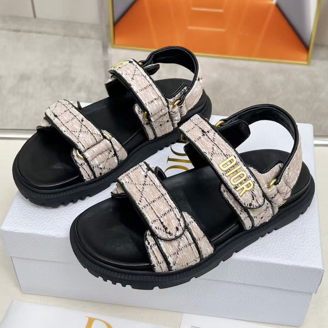 CD Dioract Sandal Beige & Black Cannage Tweed Leather