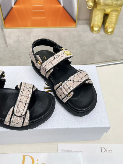CD Dioract Sandal Beige & Black Cannage Tweed Leather