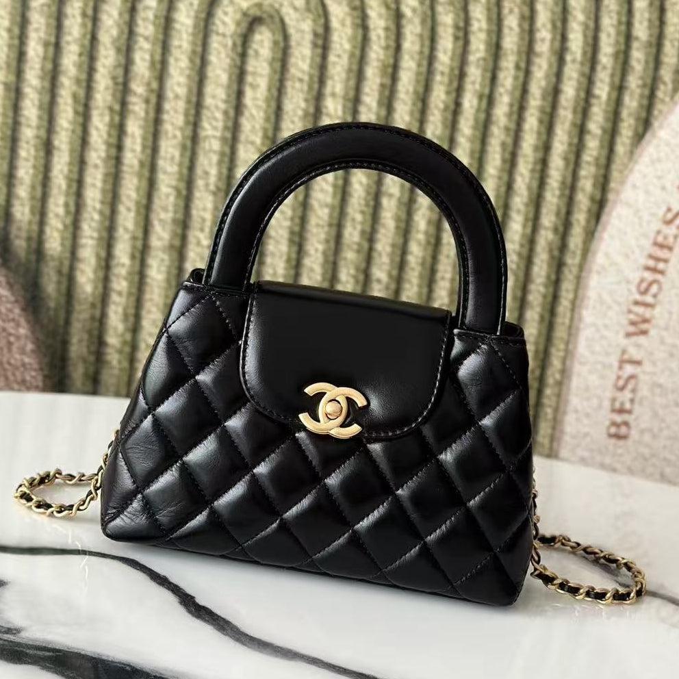 cc 24a nano 19cm kelly shopper bag black lambskin gold hardware