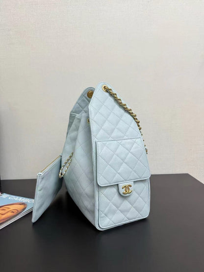 Chanel 2025 Hobo Bag 40cm Light Blue Grained Calfskin