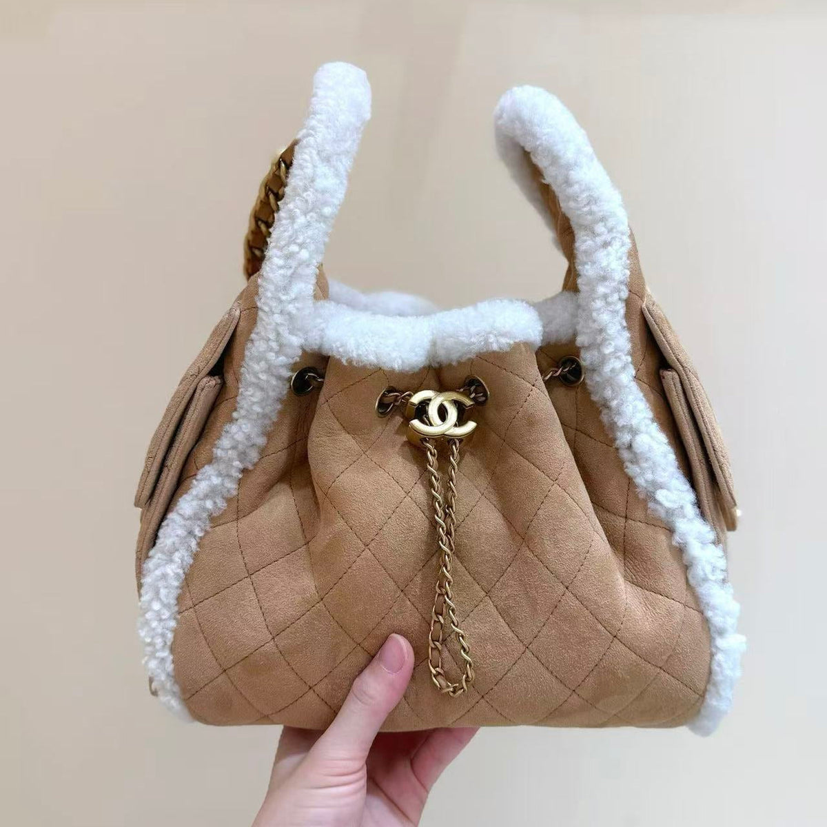 CC 25C Hobo Bag 30cm Brown White Suede Wool Gold Hardware
